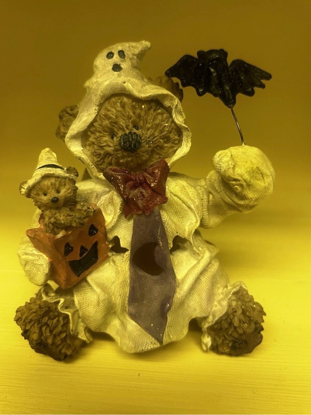 Plush Halloween Bear Figure in Cream with Purple Tie and Black Bat Accent